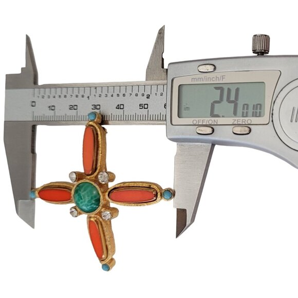 Gold Tone Orange Bezel Set, Green Mottled Cab Maltese Cross Brooch Pendant E782 - Picture 9 of 10